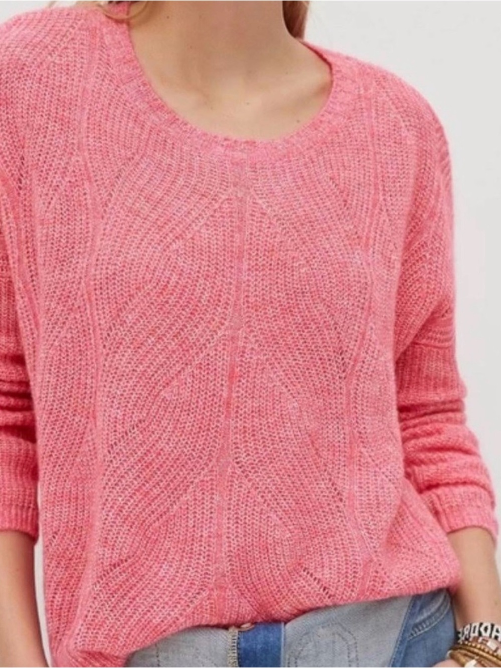 Anthropologie Pink Cable-Knit Crewneck Sweater